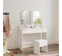 (Dressing Table with Stool) Elegant White Dressing Table with Tri-Fold Adjustable Mirror, Makeup Vanity Desk with Storage Compartments & Drawers