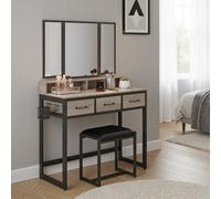 Dressing Table with Tri-Fold Mirror and Stool, Greige + Black