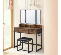 Dressing Table with Tri-Fold Mirror and Stool, Vintage brown-black