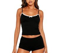 Dressmine Cami Tops for Women Shorts Set Lace Vest Sleeveless Fitted Summer Loungewear Tank Racerback Y2K Cute Pajamas Black Size 12