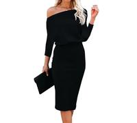 Dressmine Cold Shoulder Dresses for Women UK Black Wrap Midi Party Knitted Ribbed Dress Funeral Wedding Bridesmaid Loungewear
