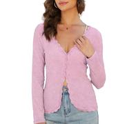 Dressmine Cute Lace V Neck Cardigans Long Sleeve Cropped Button Down Sweater Lightweight Shrugs 2026 Cozy Blouse Pink 8