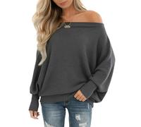 Dressmine Ladies Top Cold Shoulder Off Shoulder Tunic Tops Batwing Long Sleeve Shirts Waffle Knit Oversized Sweater Deep Gray Size 10