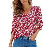 Dressmine Ladies Tunic Tops 3/4 Sleeve T Shirts Casual Basic Spring Fashion Tees Red Printed Side Slit Tunic Size 20