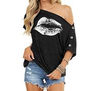 Dressmine Off The Shoulder Top for Women Batwing Lips Print Short Sleeve Shirts Sexy Loose Button Down T-Shirt Black Small