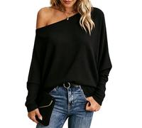 Dressmine Off The Shoulder Tops for Women Black Oversized t Shirt Blouse Spring Tunic Casual Long Sleeve Asymmetrical y2k Clothing Size 12