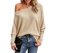 Dressmine Off the Shoulder Tops for Women Waffle Knitted Pullover Sweater Causal Loose Blouse Tunic Shirts Long Sleeve Cream Top Size 20