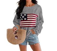 Dressmine Womens American Flag Sweater Knit Long Sleeve Crew Neck Graphic Elegant Soft Loose Pullover, Flower Grey, Medium