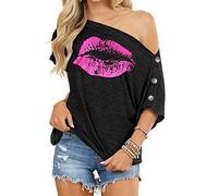 Dressmine Womens Batwing Short Sleeve Shirts Off Shoulder Top 2025 Summer Trendy Lips Print Button Down Blouse Black X-Large