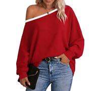 Dressmine Womens Off Cold Shoulder Tops Long Sleeve Asymmetrical Batwing Sweatshirts Blouse Casual Loose Tunics, Red, L