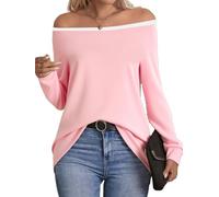 Dressmine Womens Off Shoulder Pink Shirt Batwing Ladies Tops Sexy Slash Neck Block Color Asymmetrical Blouses Size 8