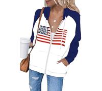 Dressmine Womens Oversized Usa Full Zip Up Hoodie Graphic Shirt Long Sleeve Drawstring Zipper Sweatshirt Patriotic Shirts, White Navy Blue 03, Large