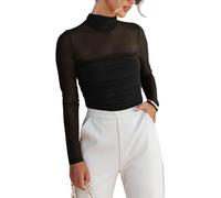 Dressmine Women's Sheer Mesh Top Floral Mock Turtle Neck Sexy Long Sleeve Double Layer Ruched Going Out Tops, Black, M