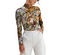 Dressmine Women's Sheer Mesh Top Floral Mock Turtle Neck Sexy Long Sleeve Double Layer Ruched Going Out Tops, Black Floral, M