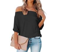Dressmine Womens Summer Off The Shoulder Shirts Casual Sexy One Shoulder Tops Casual Loose Short Sleeve Blouses Tshirts Tunic, Black, XL