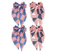 DRESSOOS 4Pcs American Flag Long Tail Bow Hair Clip - 4th of July Patriotic Spring Clamp - Red White Blue Stripes Stars Ribbon, Independence Day Hair Accessory