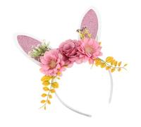 DRESSOOS Easter Bunny Headband Floral Hairband Women Rabbit Ear Headwear Beaded Hairband Animal Ear Headpiece for Women Adult Carnival Headdress
