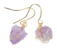 DRESSOOS Natural Amethyst Crystal Stone Drop Dangle Earrings for Women, Handmade Irregular Raw Gem Hook Earrings with Gold Wire Wrap, Suitable for Party and Daily Wear