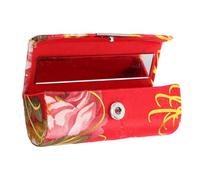 DRESSOOS Portable Silk Lipstick Pouch with Mirror Hand-Embroidered Travel Makeup Bag for Women Red Cosmetic Organizer with Floral Design