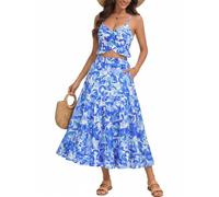 DRESSTELLS 2 Piece Skirt Set, Women's Summer Graduation Outfit 2026, Boho Floral Tropical Beach Casual Vacation Garden Party A-line Dresses Blue Green Flower S