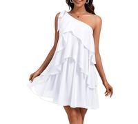 DRESSTELLS 2025 Summer Wedding Guest Dress - Women's Cocktail One Shoulder Boho Formal Ruffle Tiered Layered Chiffon Flowy Elegant Dresses White M