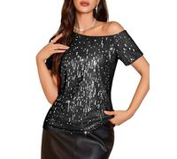 DRESSTELLS Black Sequin Tops for Women, One Shoulder Short Sleeve Sparkly Glitter Blouse for Evening Party Disco Concert Vegas Outfits Black S