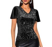 DRESSTELLS Black Sequin Tops for Women, Velvet Ruffle Sleeve V Neck Double Layers Sparkly Glitter Blouse for Evening Party Club Disco Country Concert Vegas Outfits M