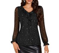 DRESSTELLS Black Sparkly Sequin Tops for Women, Long Sleeve V Neck Ruffle Blouses Double Layers Tunic for Casual Formal Evening Party Black S