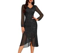 DRESSTELLS Cocktail Dresses for Women UK, Sparkly Long Sleeve Aline Bodycon Split Formal Sequin Modest Wedding Guest Evening Bridesmaid Dress Black 2XL