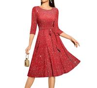 DRESSTELLS Cocktail Dresses for Women UK, Wedding Guest 3/4 Sleeve Sparkly Fit Flare Vintage Party Dress, Sequin Aline Modest Mother of Bride Midi Dress Glitter Red M