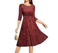 DRESSTELLS Cocktail Dresses for Women, Wedding Guest 3/4 Sleeve Sparkly Fit Flare Vintage Party Dress, Sequin Aline Modest Mother of Bride Midi Dress Glitter Burgundy M