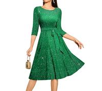 DRESSTELLS Cocktail Dresses for Women, Wedding Guest 3/4 Sleeve Sparkly Fit Flare Vintage Party Dress, Sequin Aline Modest Mother of Bride Midi Dress Glitter Green S