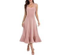DRESSTELLS Cocktail Halter Graduation Dresses for Teen, Sexy Bridesmaid Wedding Guest Semi Formal Tea Length Split Ruffle, Prom Church Evening Party 2025 Summer Dress Petite Blush S