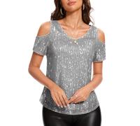 DRESSTELLS Glitter Sequin Tops, Fall Wedding Guest, Sparkly Dressy Cold Shoulder Short Sleeve Blouse for Teens Concert Homecoming Party Outfits Silver L