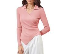 DRESSTELLS Going Out Tops for Women UK, Long Sleeve T Shirts V-Neck Casual Party Workwear Elegant Solid Color Blouses Blush XL