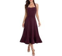 DRESSTELLS Halter Wedding Guest Dresses for Women, Sexy Bridesmaid Cocktail Formal Grad Tea Length Split Ruffle, Prom Church Evening Party Graduation 2025 Summer Dress Petite Burgundy S
