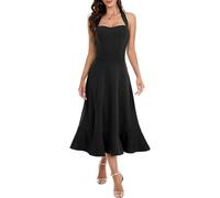 DRESSTELLS Litte Black Cocktail Halter Dresses for Women, Sexy Formal Wedding Guest Tea Length Split Ruffle, Graduation Prom Church Evening Party 2025 Summer Dress Petite Black S