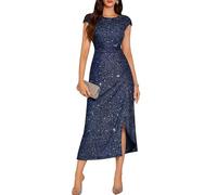 DRESSTELLS Sequin Cocktail Dresses for Women UK Summer Formal Wedding Guest Mother of the Bride Sparkly Party Evening Gown Prom Gala Slit Maxi Dress Glitter Navy S