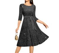 DRESSTELLS Sequin Cocktail Dresses for Women, Vintage Wedding Guest Sparkly Dress Knee Length, 3/4 Sleeve Church Formal Party Prom, 2025 Fall, Glitter Black 2XL