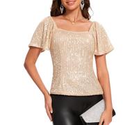 DRESSTELLS Sequin Sparkly Square Neck Tops for Women Short Sleeve Blouse for Evening Concert Cocktail Party Club Shirts Champagne M