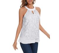 DRESSTELLS Sequin Top for Women UK Halter Neck Vest Ladies Tops Night Out Summer Tank Top Sexy Sparkly Glitter Camisole Beach Party Clubbing Sleeveless Shirts Silver M