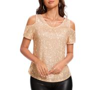 DRESSTELLS Sequin Tops for Women Sparkly V-Neck Short Sleeve Vest Glitter Concert Shirt Shimmer Sparkle Cocktail Party Shirts Fall Champagne XL