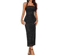 DRESSTELLS Sequin Wedding Guest Dresses for Women, Sparkly Halter Formal Cocktail Prom Party Evening Beach Bridesmaid Church Elegant Backless Bodycon Ruched Maxi Dress Black L