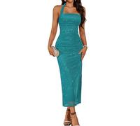 DRESSTELLS Sequin Wedding Guest Dresses for Women, Sparkly Halter Formal Cocktail Prom Party Evening Beach Bridesmaid Elegant Backless Bodycon Ruched Maxi Dress Turquoise XL