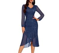DRESSTELLS Sequin Wedding Guest Dresses for Women UK, Sparkly Long Sleeve Wedding Guest Cocktail Evening Party Prom Bodycon Split Mesh Long Dress Navy 2XL
