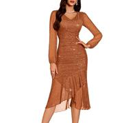 DRESSTELLS Sequin Wedding Guest Dresses for Women UK, Sparkly Long Sleeve Wedding Guest Cocktail Evening Party Prom Bodycon Split Mesh Long Dress Caramel 2XL