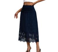 DRESSTELLS Skirts for Women UK Summer Casual Basic Lightweight Elasticated Elegant High Waist A-Line Eyelet Maxi Skirt Navy S