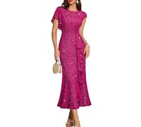 DRESSTELLS Sparkly Cocktail Dress for Women Formal Wedding Guest Mermaid Slit Evening Dress with Flutter Cap Ruffle Sleeve Rose XL