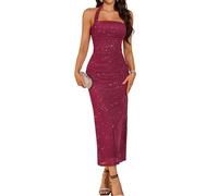 DRESSTELLS Sparkly Cocktail Dresses for Wedding Guest, 2026 Spring Formal Evening Party Prom Mother of The Bride Beach Elegant Bodycon Halter Glitter Maxi Dress DarkRed M