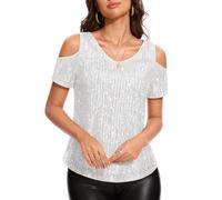 DRESSTELLS Sparkly Party Tops for Women Sequin Elegant Formal Shirts, Glitter Shiny Cold Shoulder Top for Disco Concert Outfit White L
